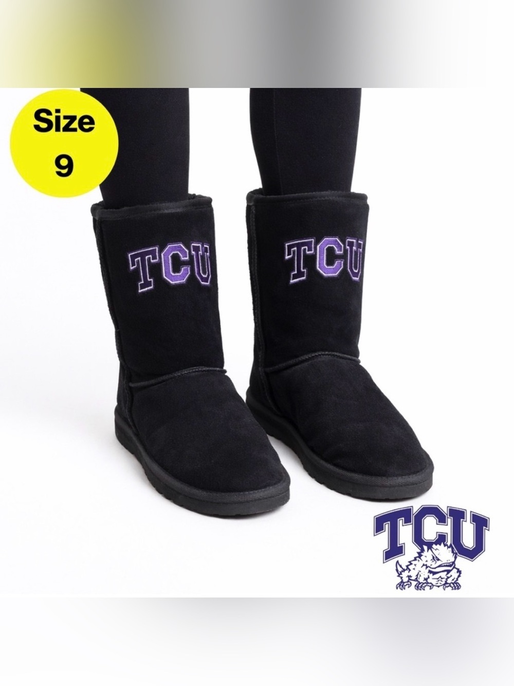 TCU 💜 Women’s Black Suede UGG-Style Calf-High, Faux Fur Boots (Size 9)
